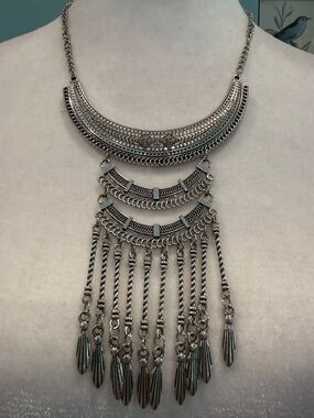 Silver Statement Fringe Necklace Boho Tribal Bib Layered Chain Pendant